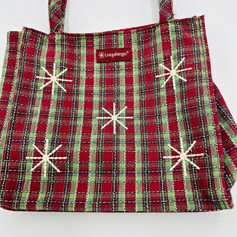 Longaberger 2009 Tote Snowflake/Holiday Plaid Fabric 9" x 9.5" Double Handle - Picture 2 of 7